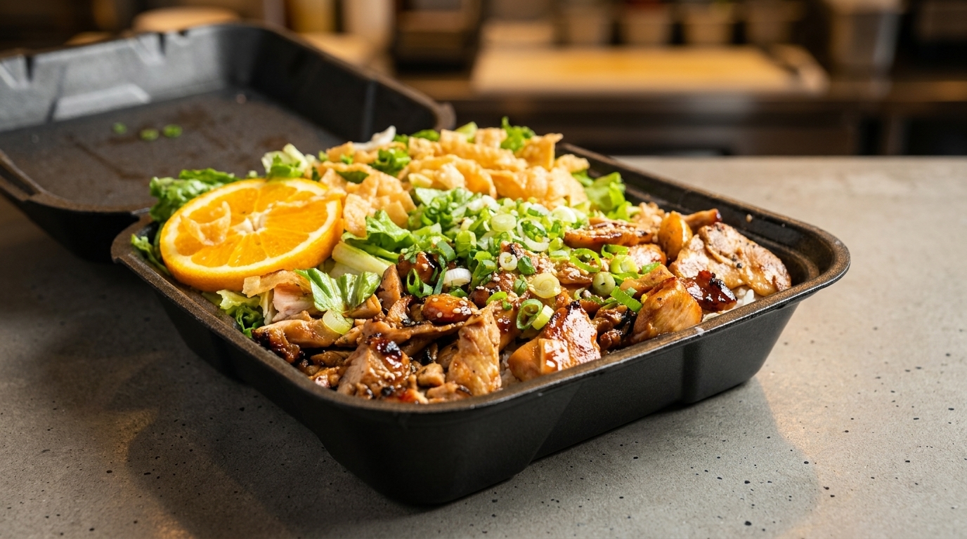 Teriyaki chicken, rice, lettuce, crispy noodles, green onions, and an orange slice in a to-go container.