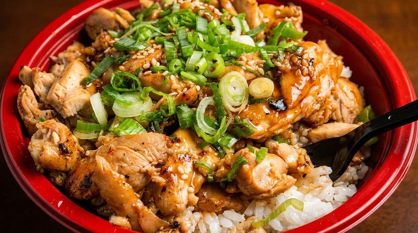 Teriyaki chicken and white rice topped with green onions and sesame seeds in a red bowl.