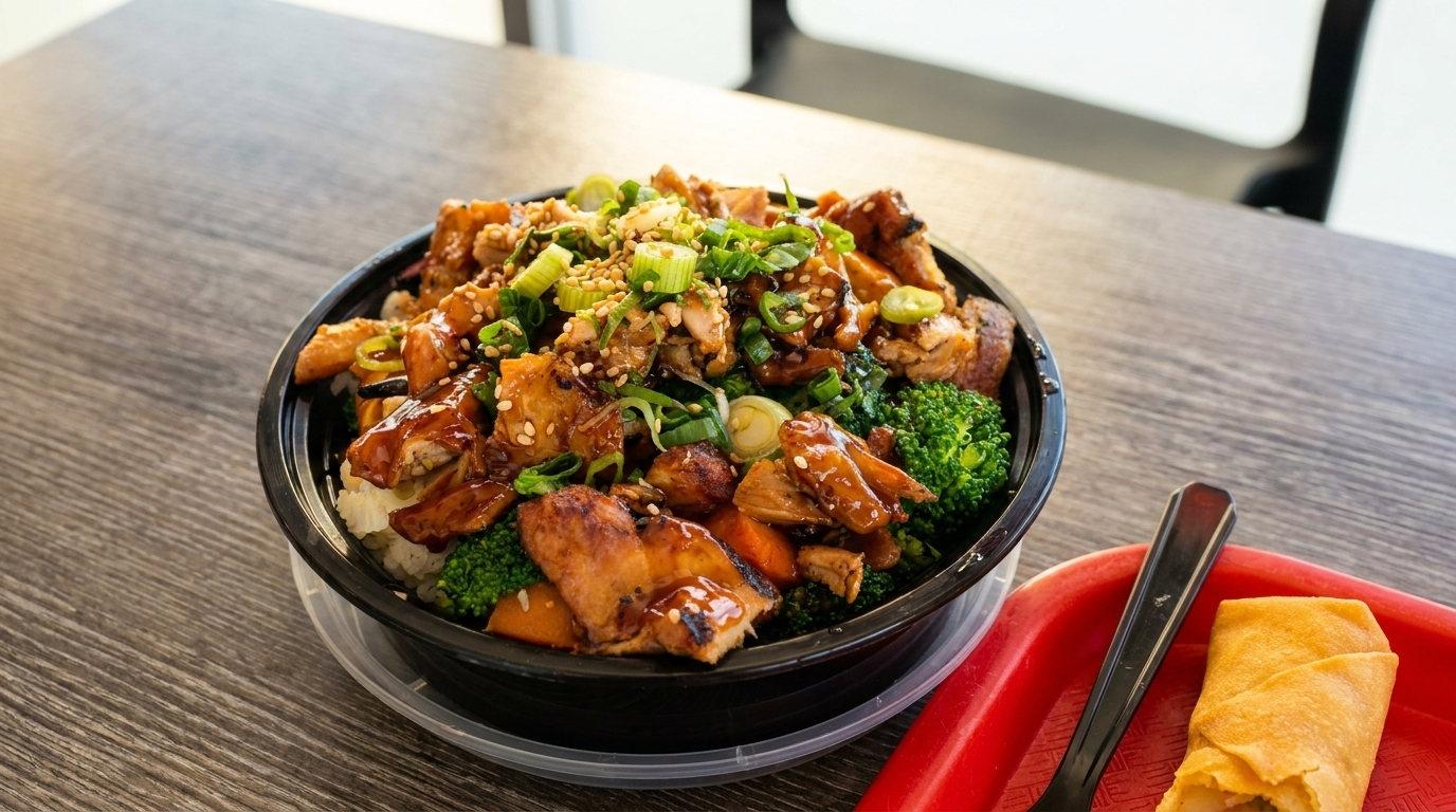 Teriyaki chicken bowl with broccoli, carrots, and green onions, next to an egg roll.