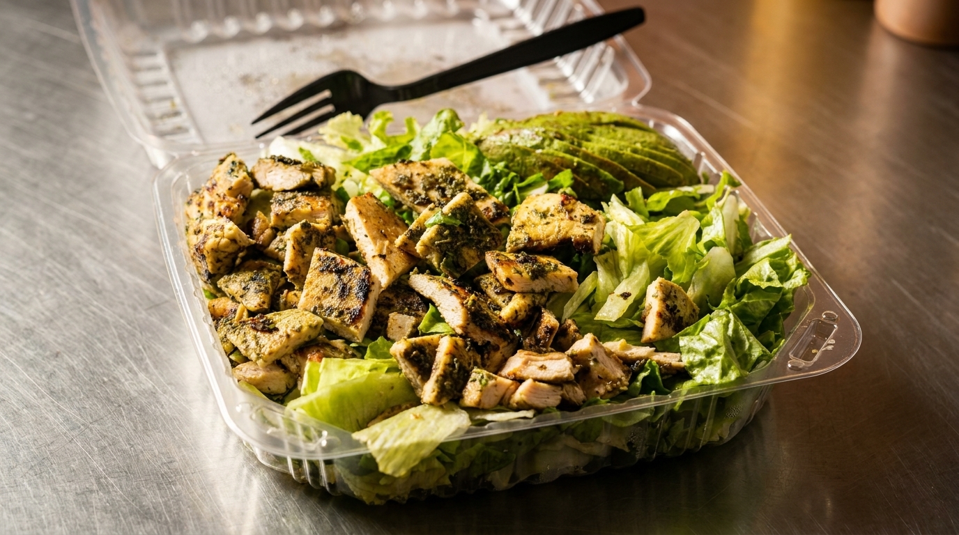 A clear plastic container filled with grilled chicken, lettuce, and sliced avocado, with a black fork.