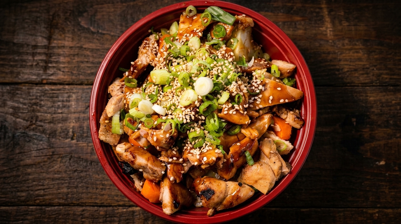 Teriyaki chicken bowl with green onions and sesame seeds in a red bowl on a wooden table.