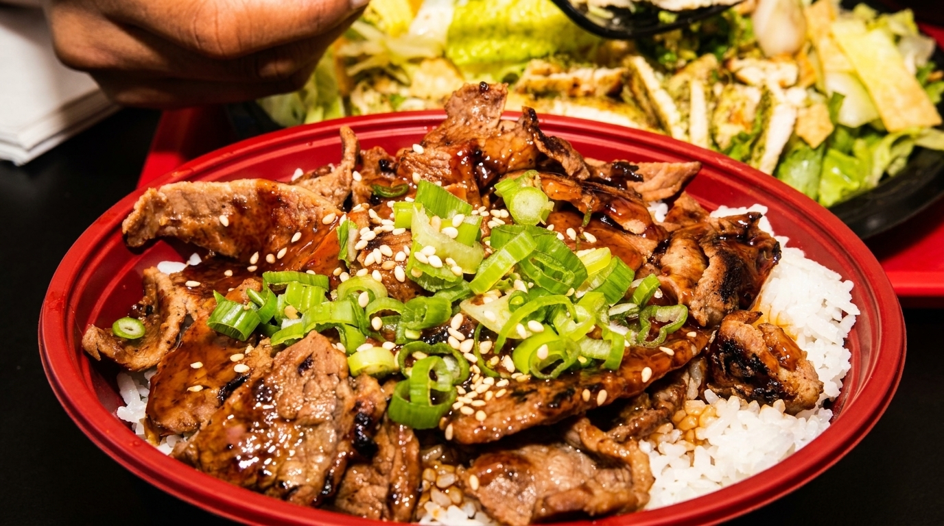 Teriyaki beef and rice bowl topped with green onions and sesame seeds, with a salad in the background.