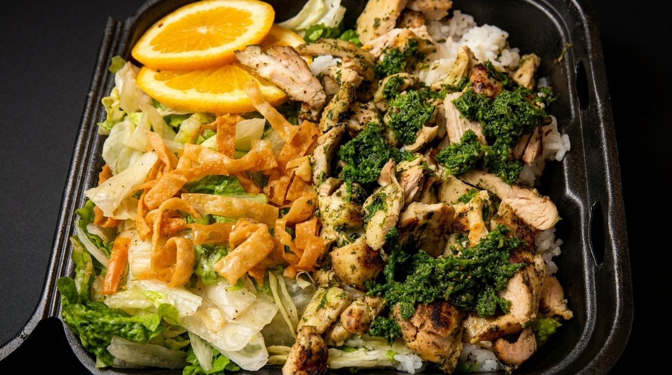 A takeout container with grilled chicken and green sauce over rice, salad, crispy noodles, and orange slices.