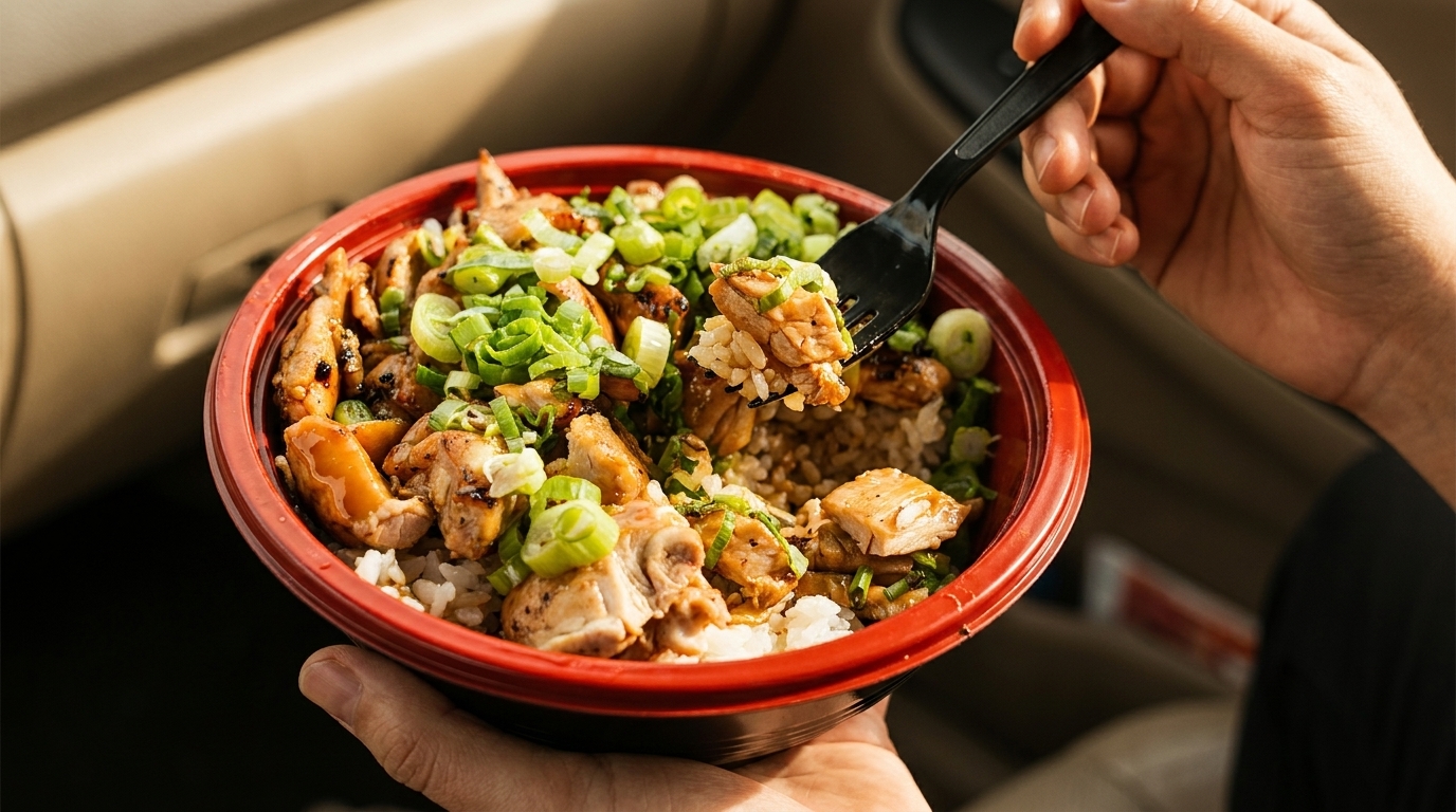A person holds a red bowl of teriyaki chicken and rice, taking a bite with a black fork.