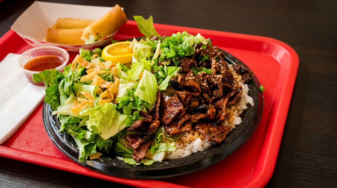 Teriyaki beef and rice with a side salad, orange slice, and egg rolls on a red tray.
