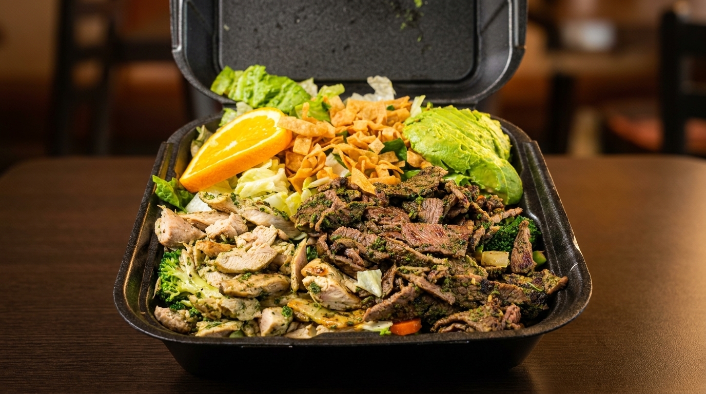 Takeout container filled with salad, chicken, steak, avocado, orange slice, and crispy noodles.