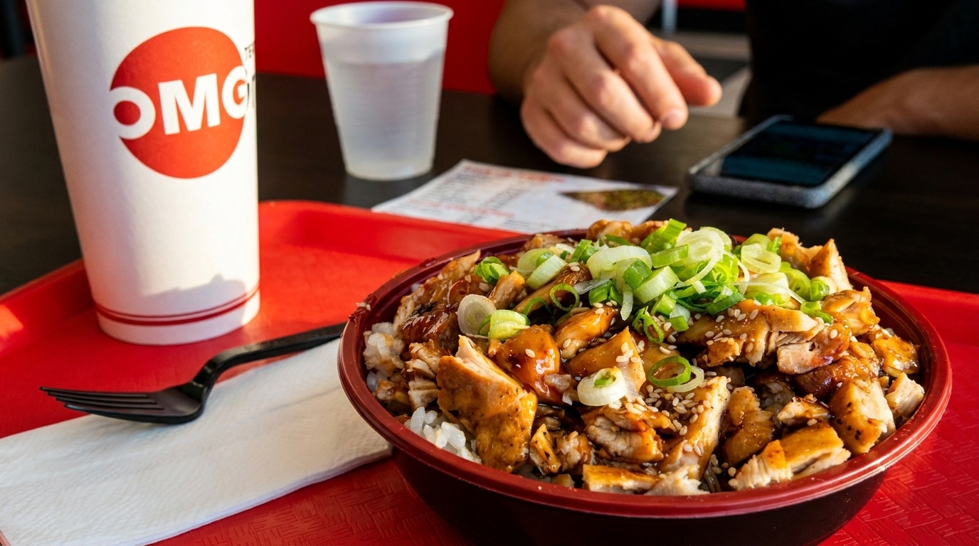 Teriyaki chicken and rice bowl with green onions, an OMG drink, and a person's hand.