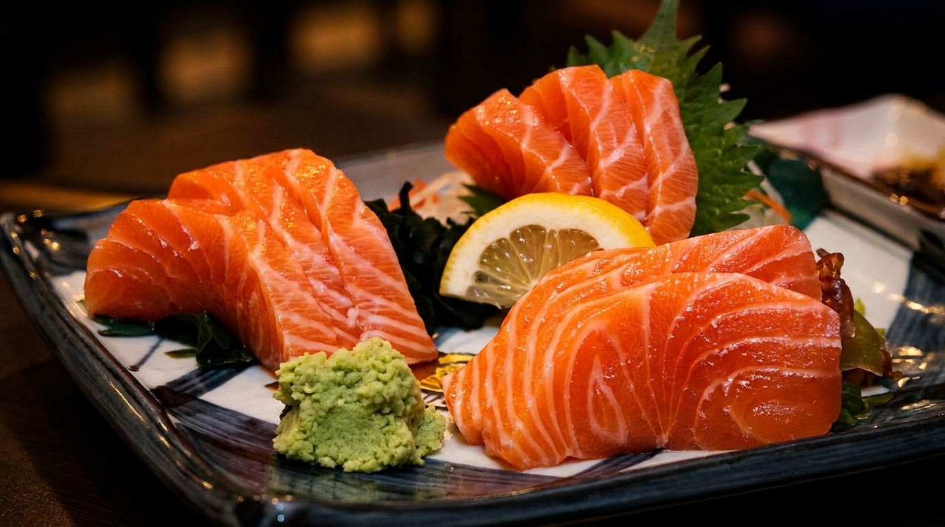 Platter of fresh salmon sashimi with wasabi, lemon, and green garnish on a patterned plate.