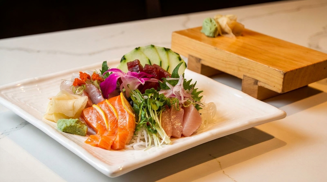 A white rectangular plate of colorful sashimi, garnished with a purple orchid, on a marble surface.