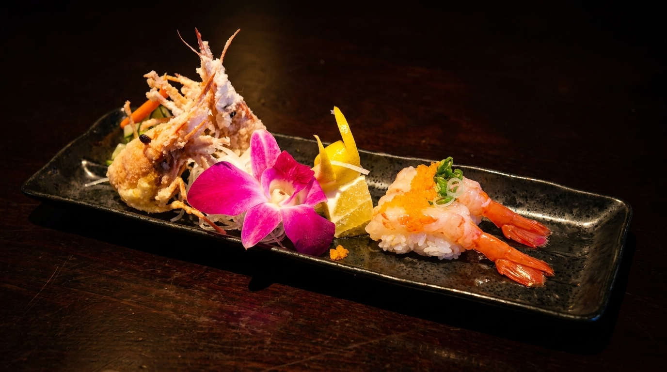 A black rectangular plate holds tempura shrimp, shrimp nigiri, a pink orchid, and lemon slices.