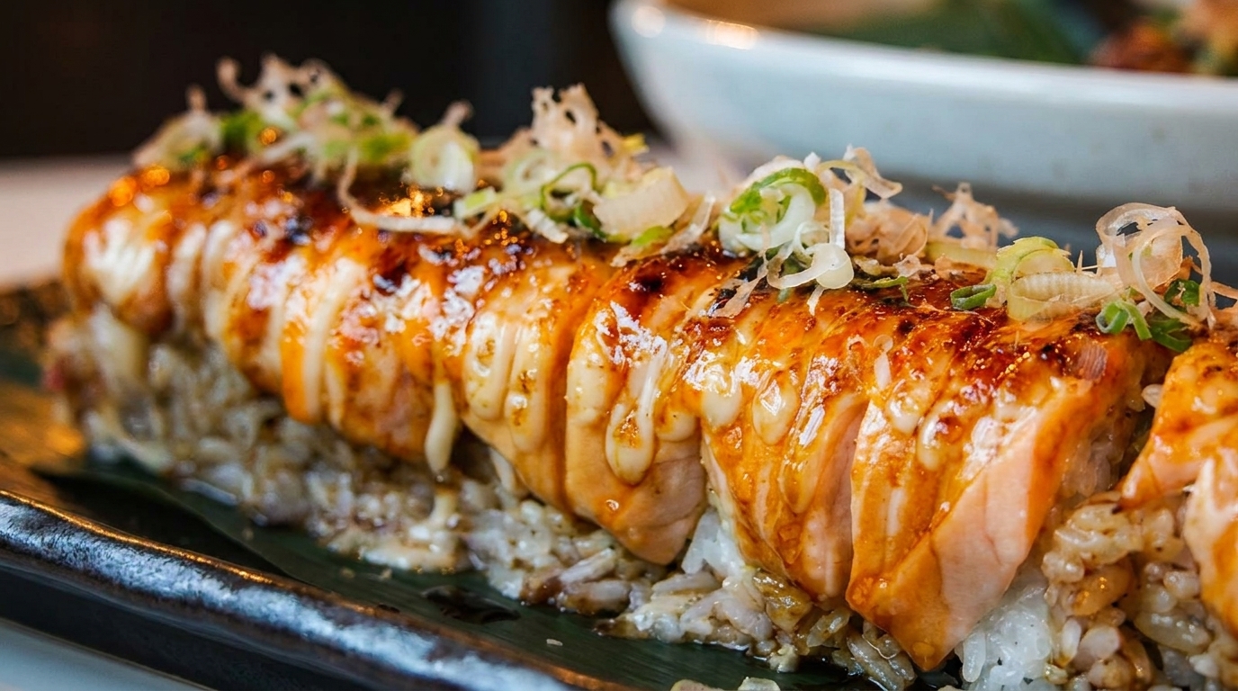 Close-up of a sushi roll with seared salmon, white sauce, and green onions on a dark plate.