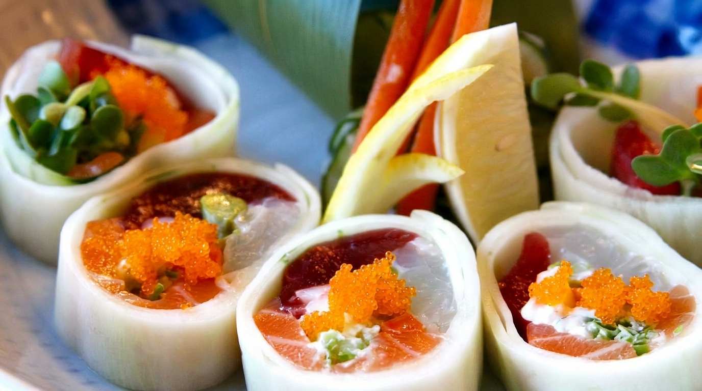 Close-up of fresh sushi rolls wrapped in daikon radish, topped with salmon, tuna, and roe.