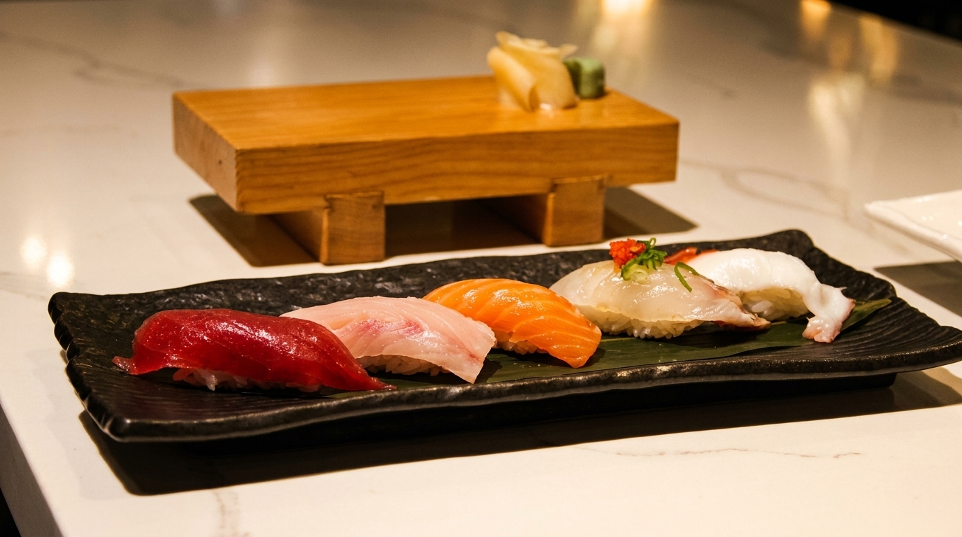 A black rectangular plate holds five pieces of colorful nigiri sushi, with a wooden block behind it.