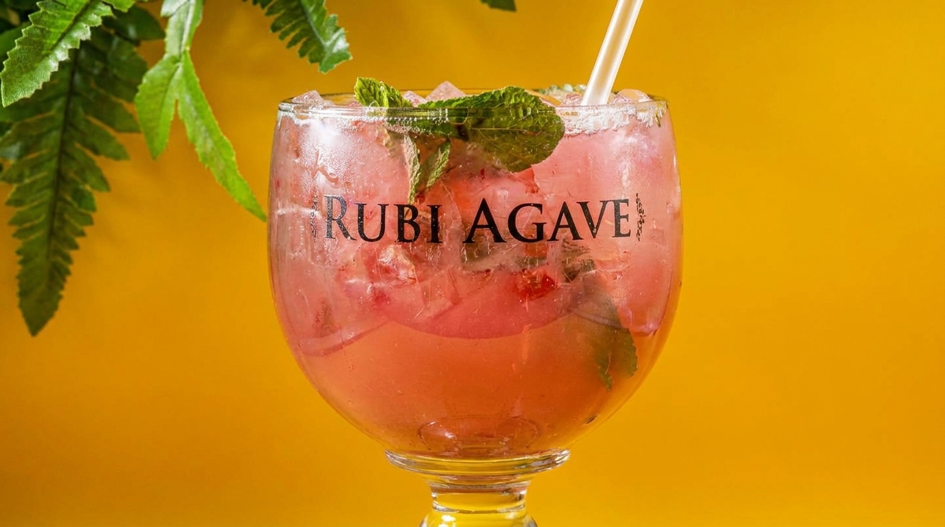 A Rubi Agave cocktail, garnished with mint and a straw, against a vibrant yellow background.