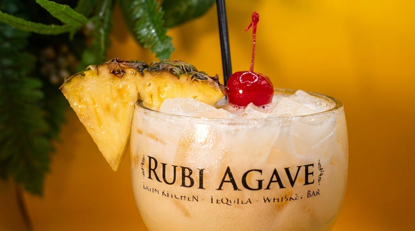 A Rubi Agave cocktail with pineapple, cherry, and a straw, against a yellow background.