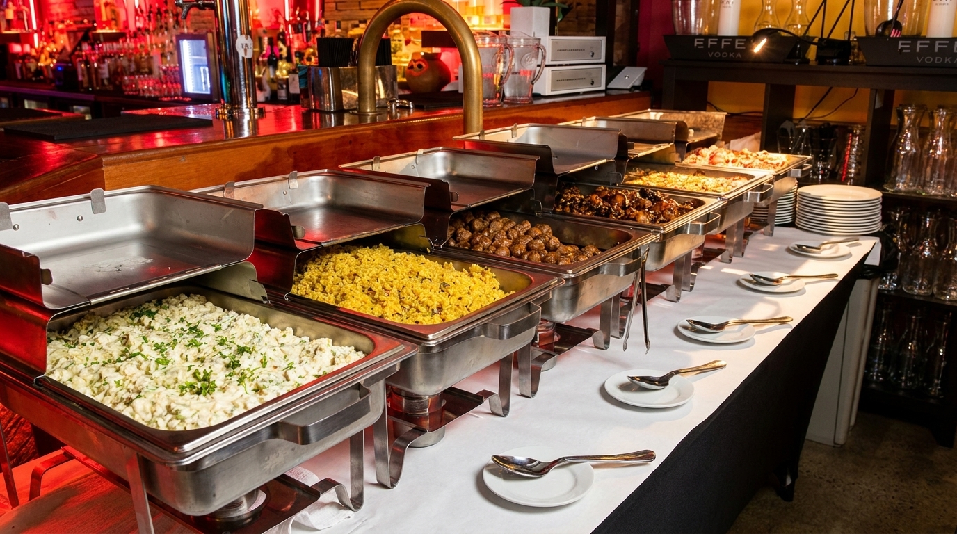 A buffet line with chafing dishes filled with various foods, plates, and cutlery in a restaurant.