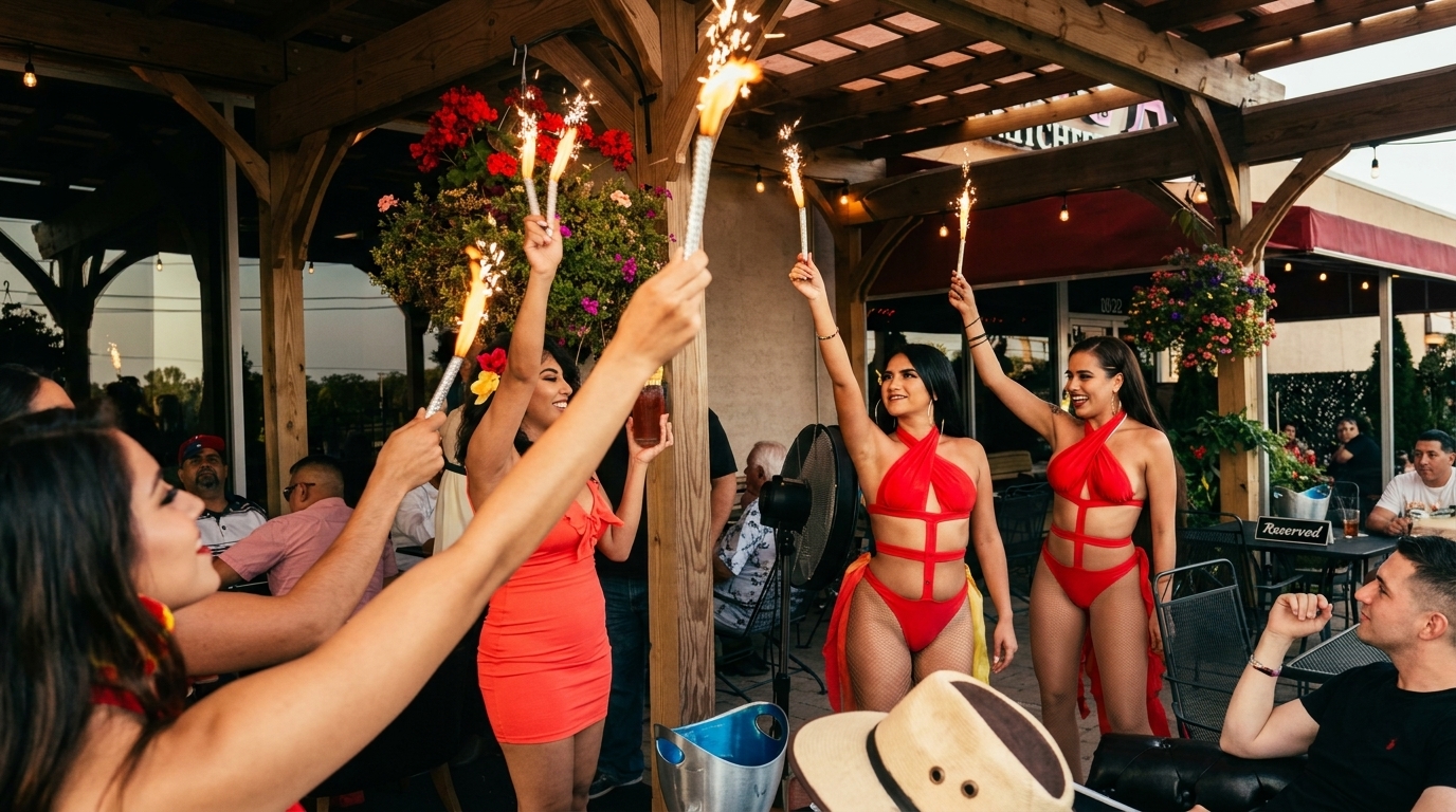 Women in red outfits holding sparklers and dancing on an outdoor restaurant patio.