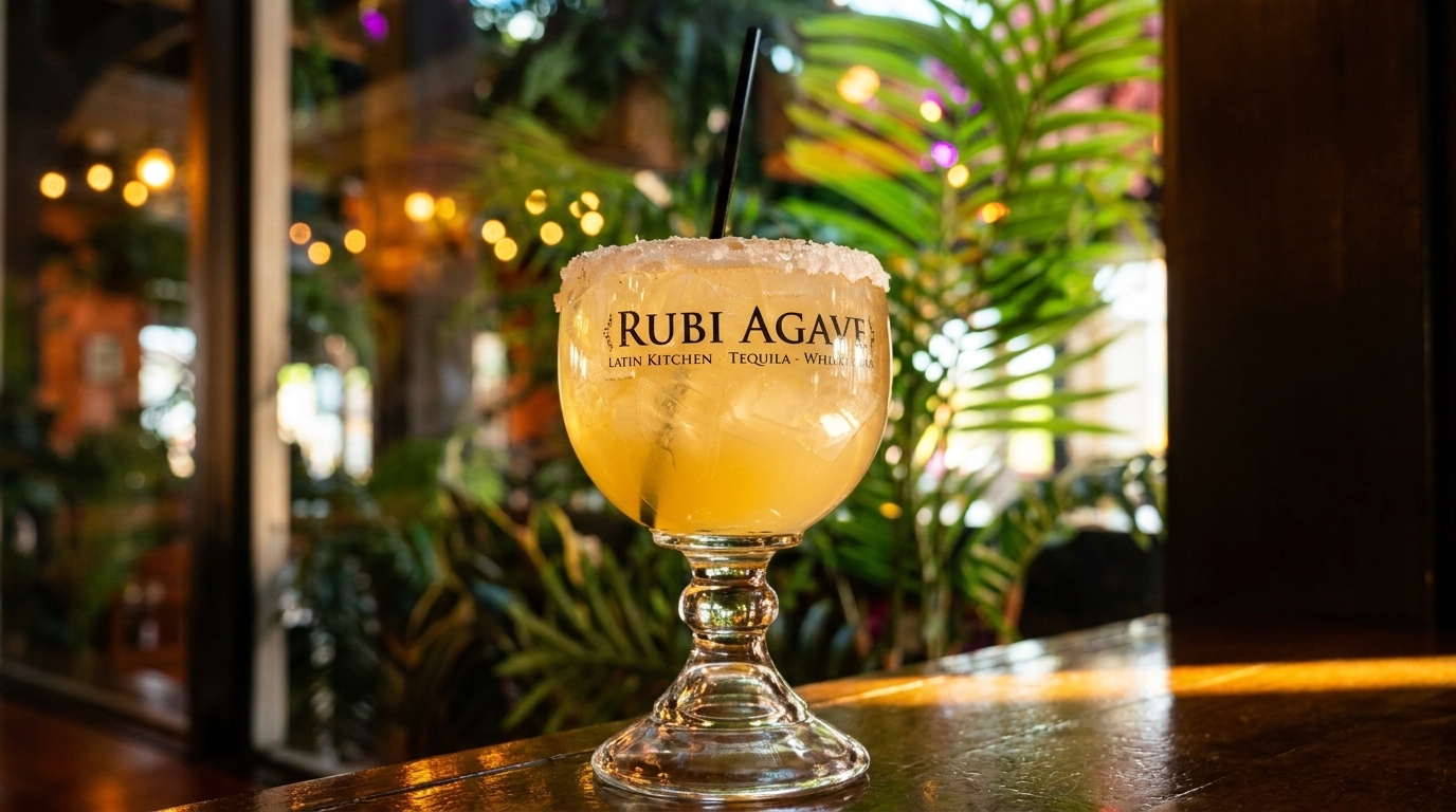 A Rubi Agave margarita with a salted rim and black straw sits on a bar with plants in the background.