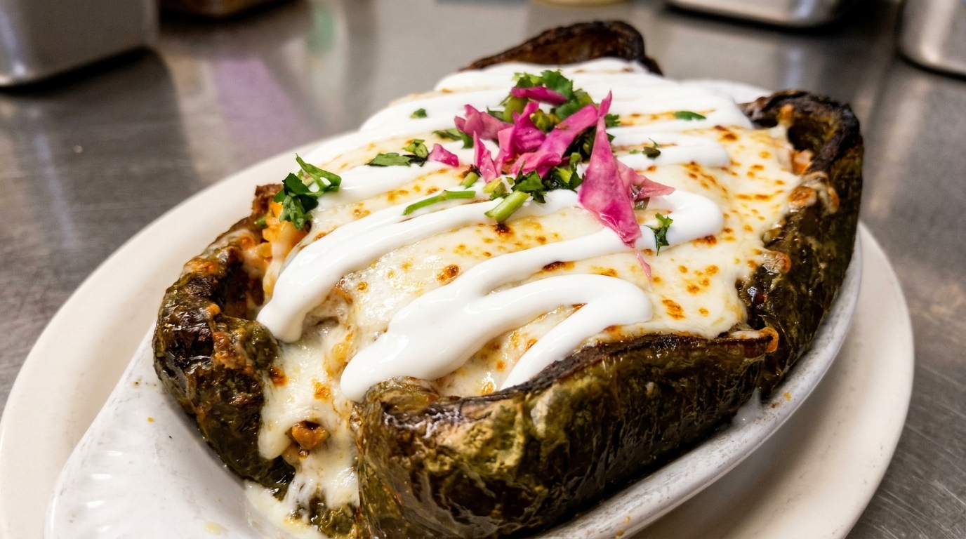 A close-up of a cheesy chile relleno, topped with sour cream, cilantro, and pickled red onions.