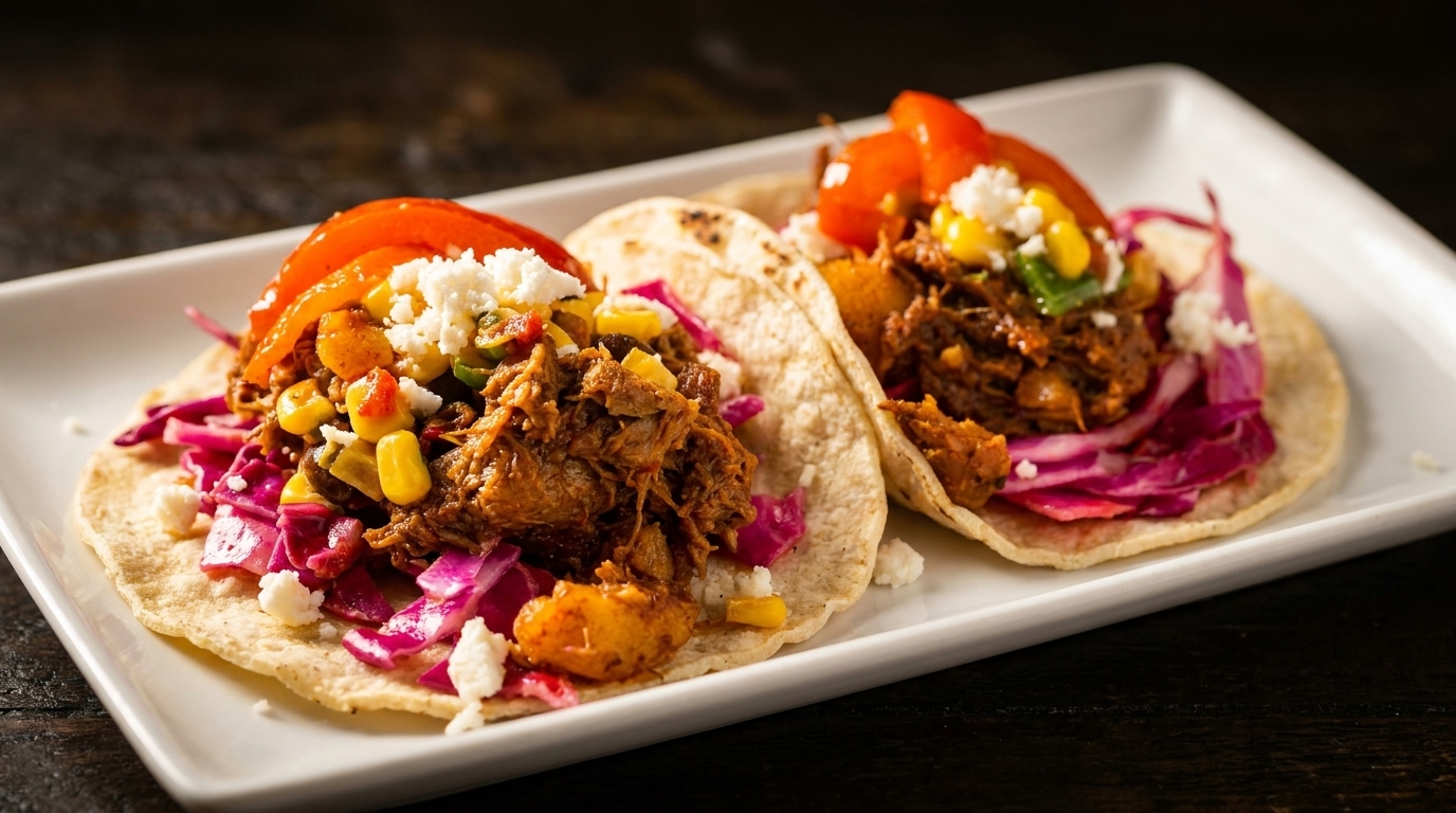 Two vibrant tacos on a white plate, filled with shredded meat, red cabbage, corn, and cheese.