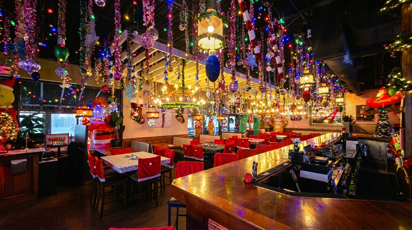 Restaurant dining room and bar area heavily decorated with colorful Christmas lights and ornaments.