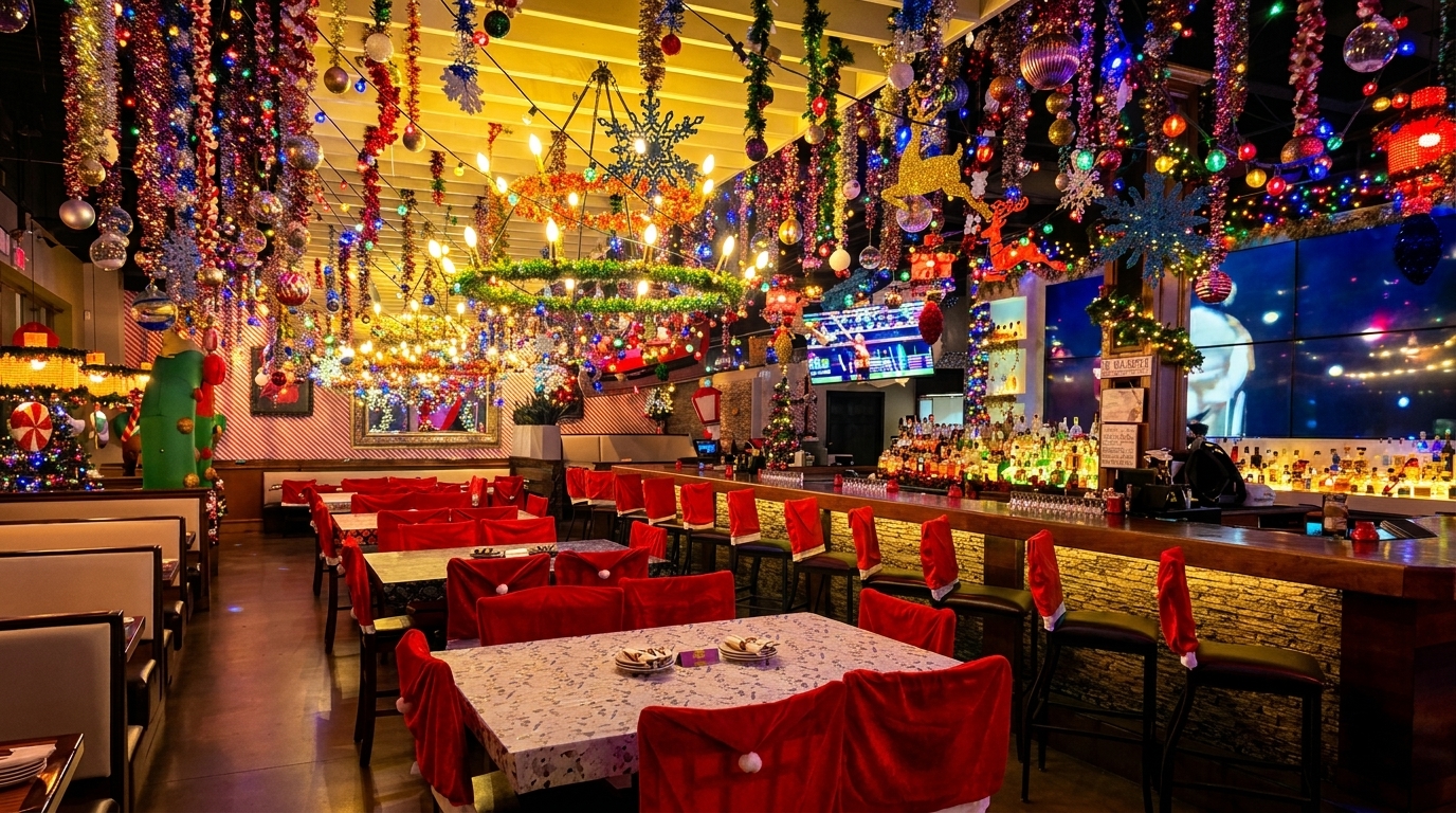 A restaurant dining room and bar area elaborately decorated with colorful Christmas lights and ornaments.