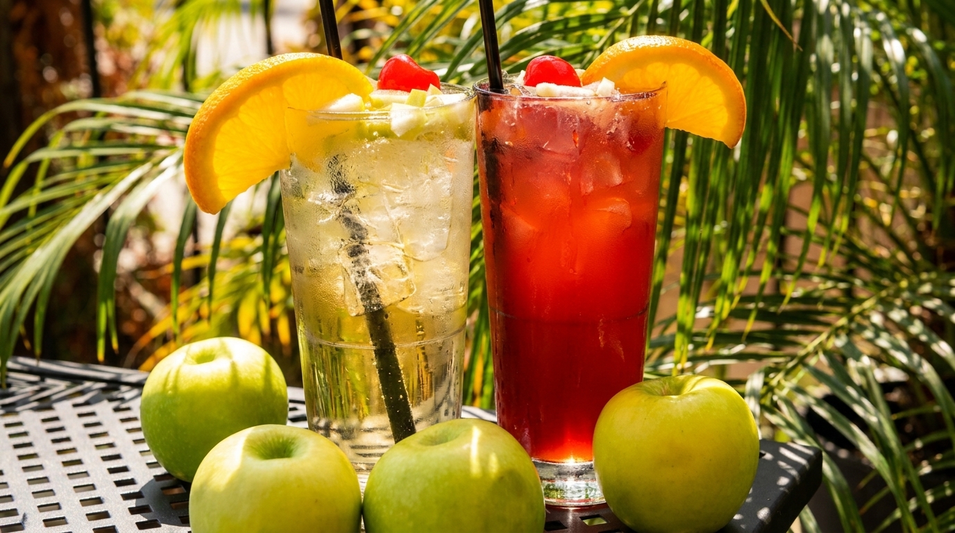 Two vibrant cocktails, one yellow and one red, garnished with fruit, sit on a table with green apples.