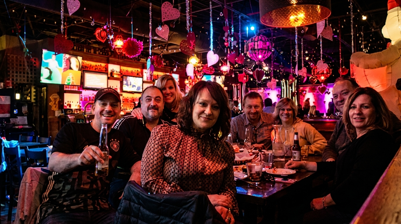 Group of friends smiling at a table in a dimly lit bar decorated with hearts.