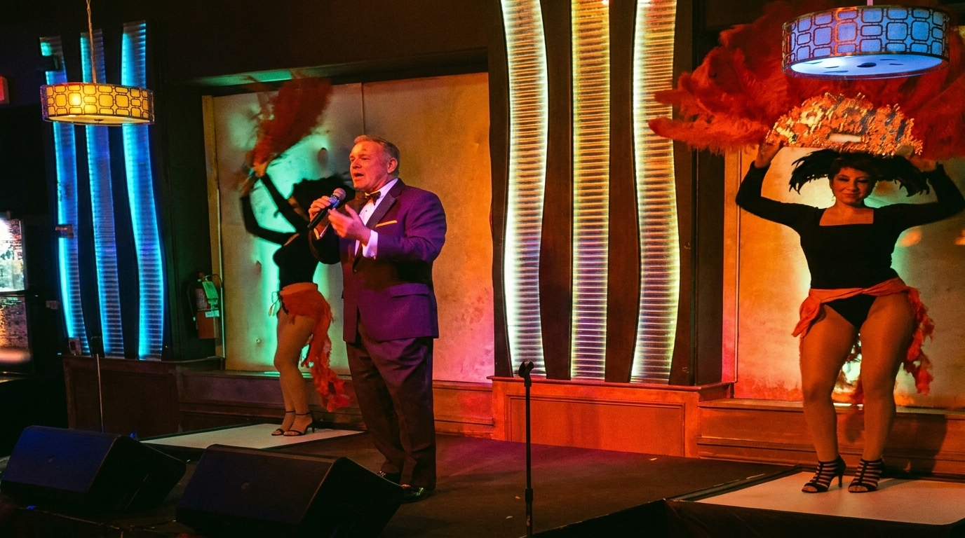A man in a tuxedo sings on stage with two dancers in feather costumes beside him.