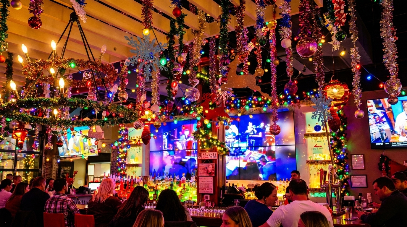 A festive bar scene with patrons, decorated with colorful Christmas lights, garlands, and ornaments.