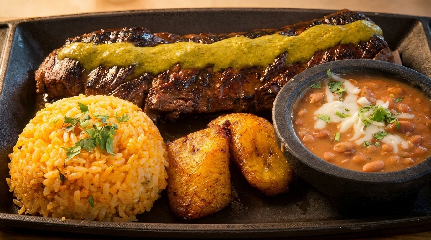 Grilled steak with green sauce, rice, fried plantains, and a bowl of beans with cheese.