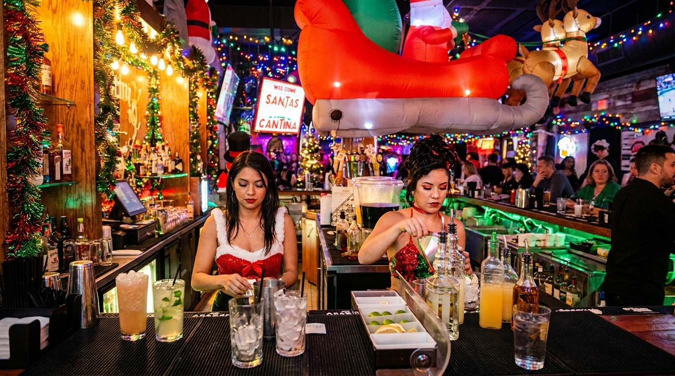 Two bartenders in festive outfits prepare drinks at a Christmas-themed bar with colorful lights and decorations.