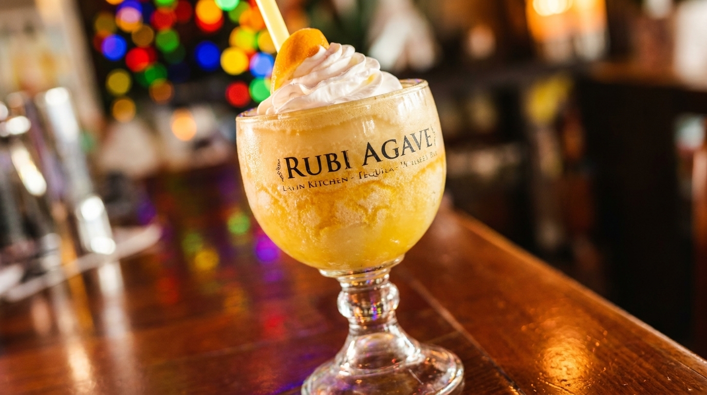 A frozen mango margarita with whipped cream and an orange slice on a bar counter at Rubi Agave.