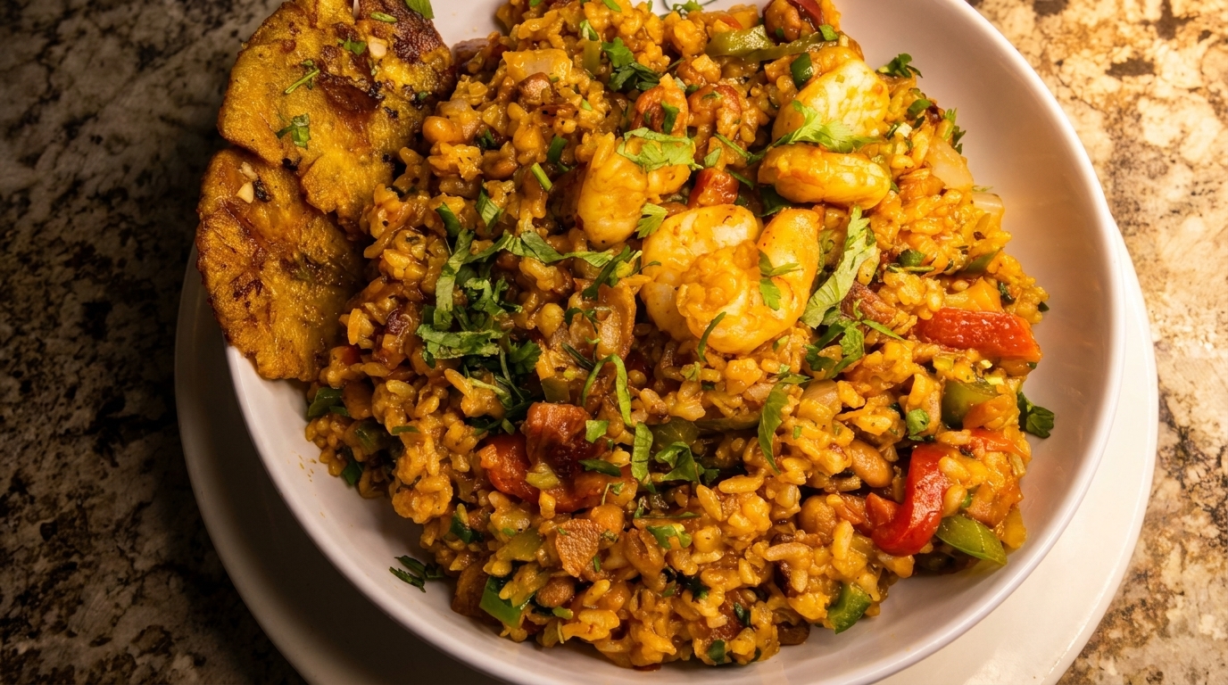 Close-up of a bowl of shrimp and rice with plantains, garnished with fresh cilantro.