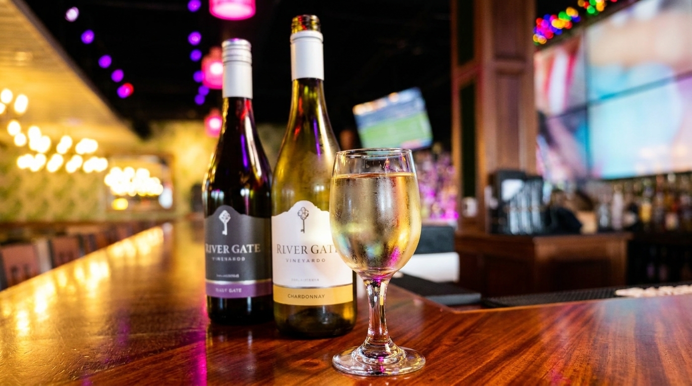 Two River Gate Vineyard wine bottles and a glass of white wine on a bar.