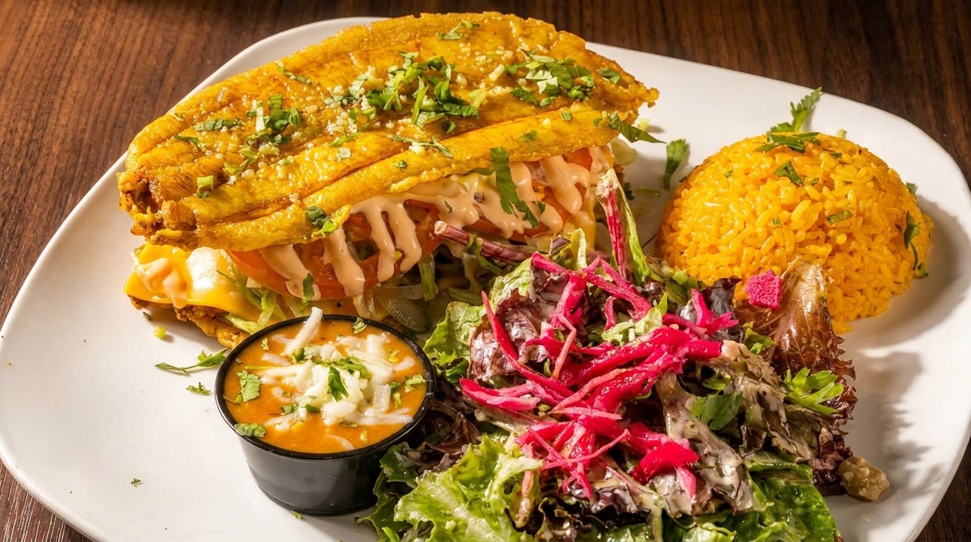 A plantain sandwich with cheese, lettuce, tomato, and sauce, served with yellow rice, salad, and soup.