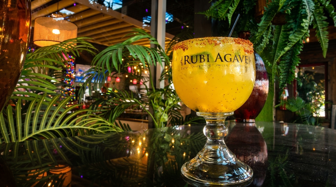 A Rubi Agave margarita with a chili-salted rim sits on a reflective table amidst lush greenery and festive lights.