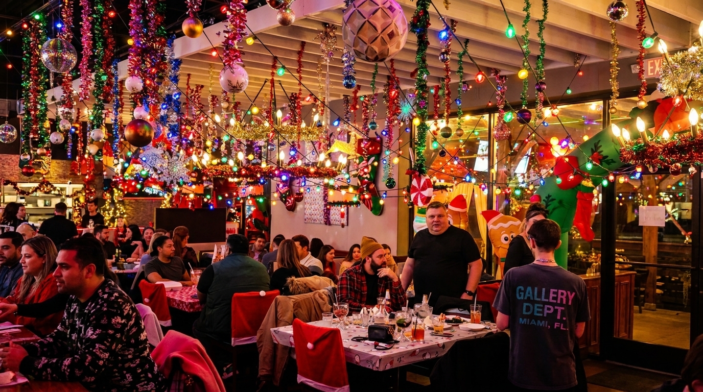 A festive restaurant interior, brightly decorated with colorful Christmas lights, tinsel, and ornaments, filled with diners.