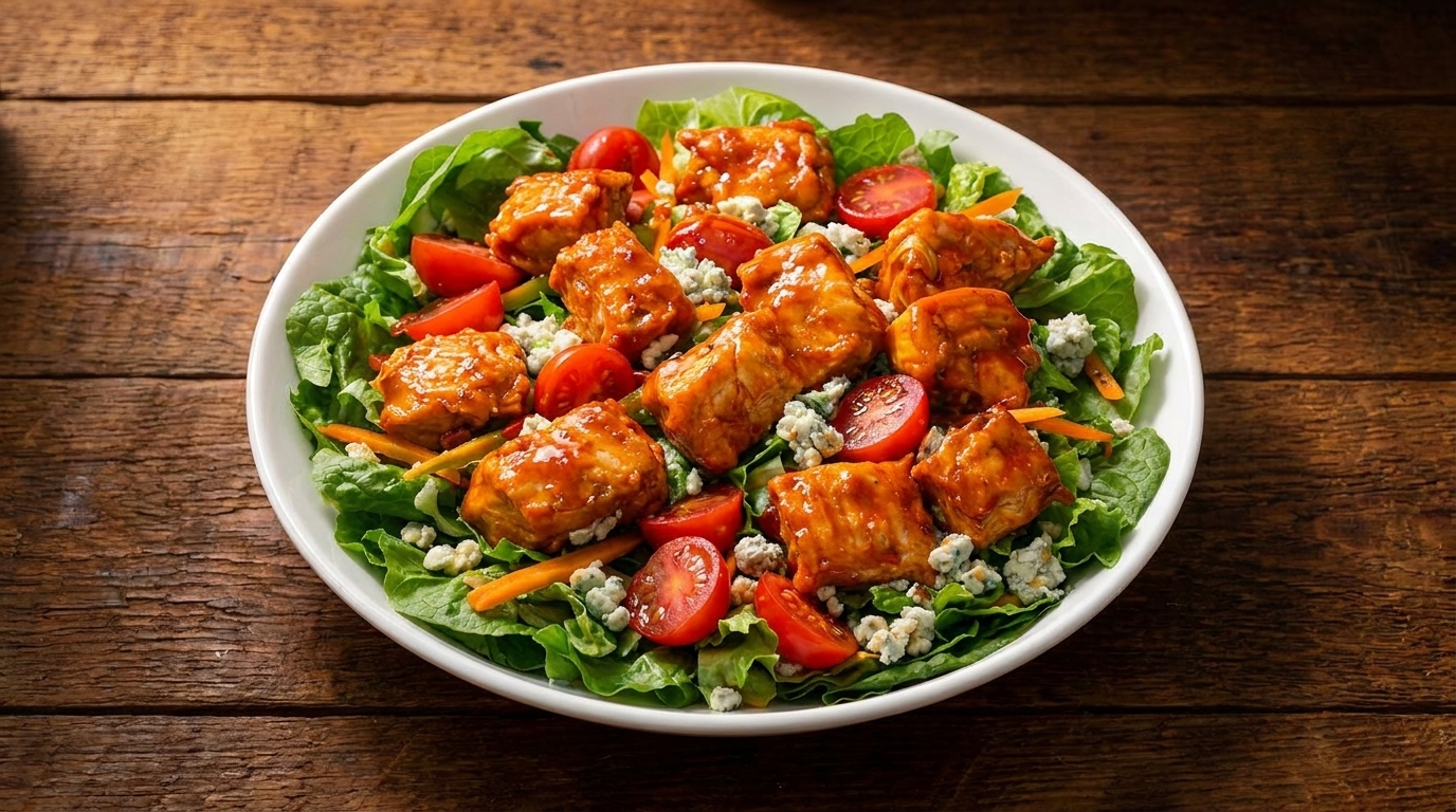 Buffalo chicken salad with lettuce, tomatoes, carrots, and blue cheese crumbles on a wooden table.