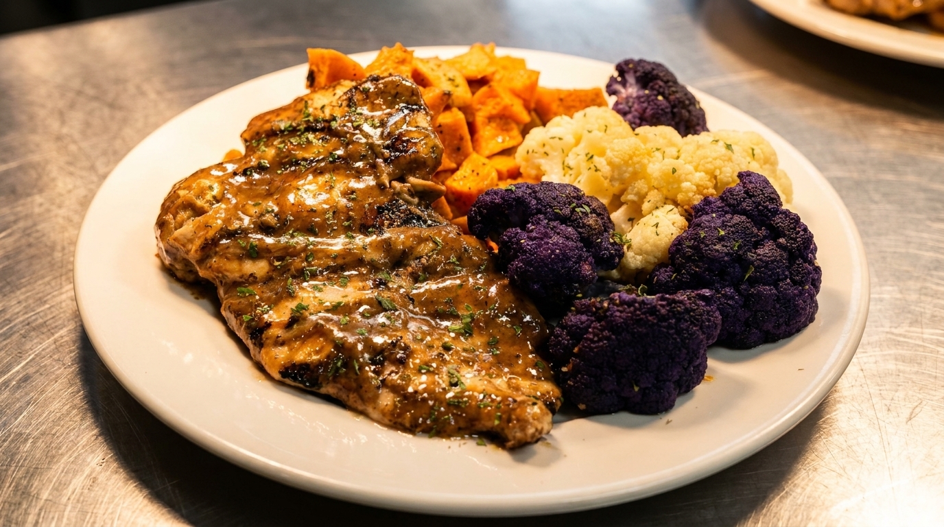 Grilled chicken with sauce, roasted sweet potatoes, and purple and white cauliflower on a white plate.