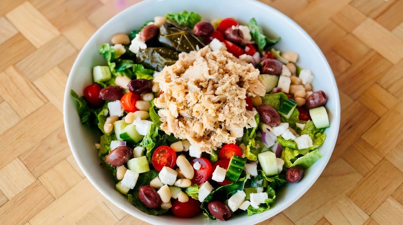 A vibrant salad with tuna, lettuce, tomatoes, cucumbers, olives, feta, and beans in a white bowl.
