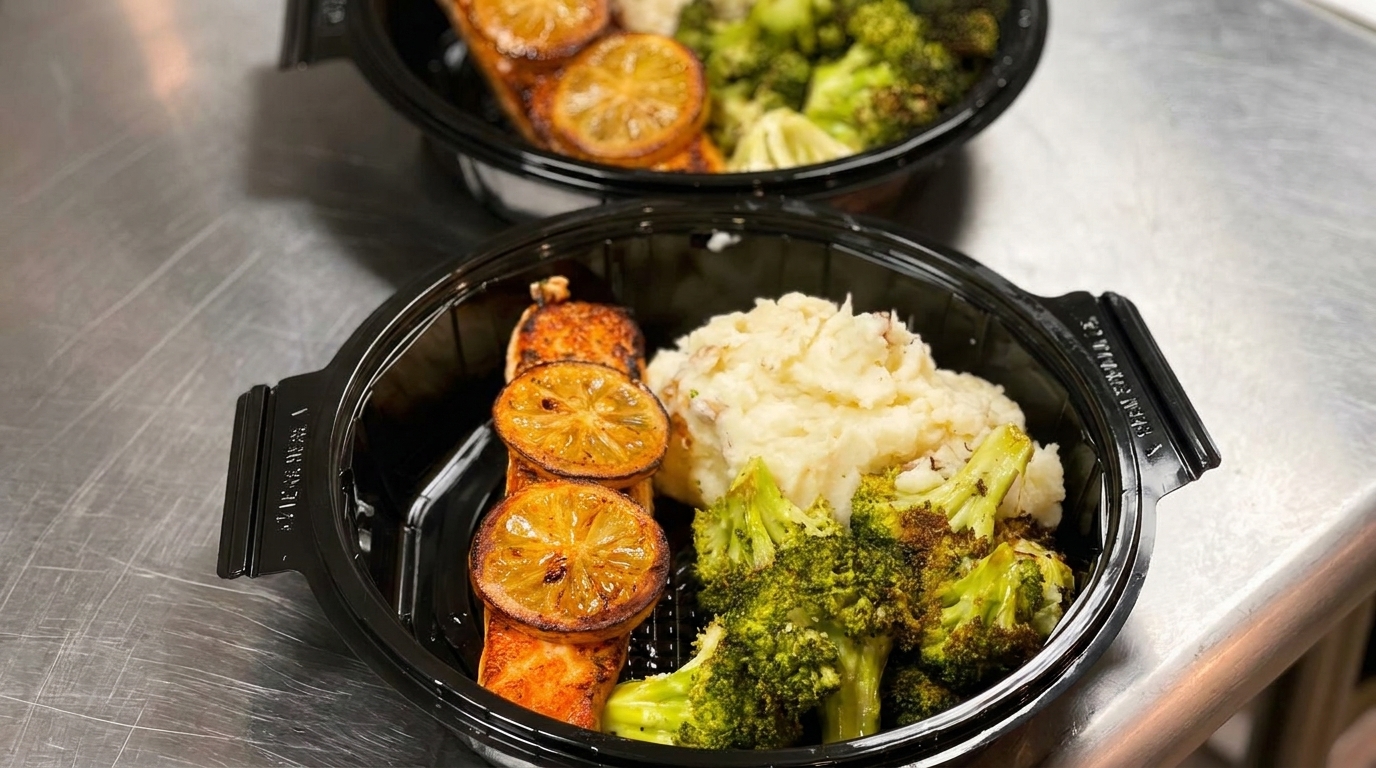 Two takeout containers with salmon, lemon slices, mashed potatoes, and roasted broccoli on a metal counter.