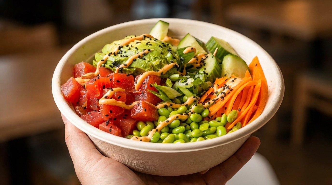 A hand holds a vibrant poke bowl with tuna, avocado, cucumber, edamame, carrots, and sauce.