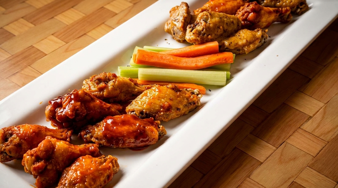 A long white platter filled with various chicken wings and a side of celery and carrot sticks.