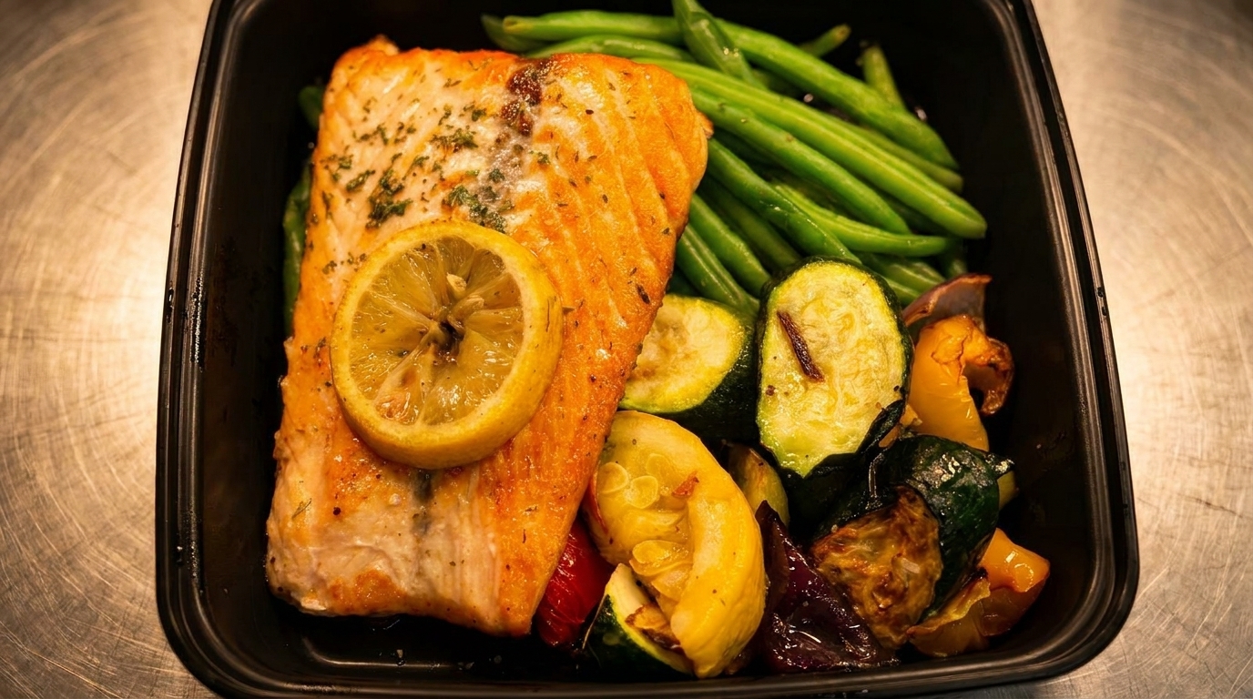 Salmon fillet with a lemon slice, green beans, and roasted vegetables in a black container.