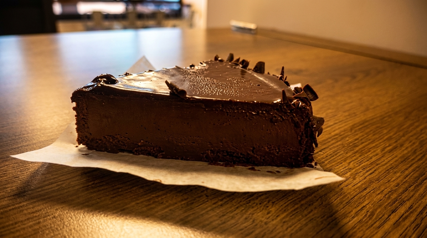 A rich slice of chocolate cheesecake with chocolate shavings on a wooden table.