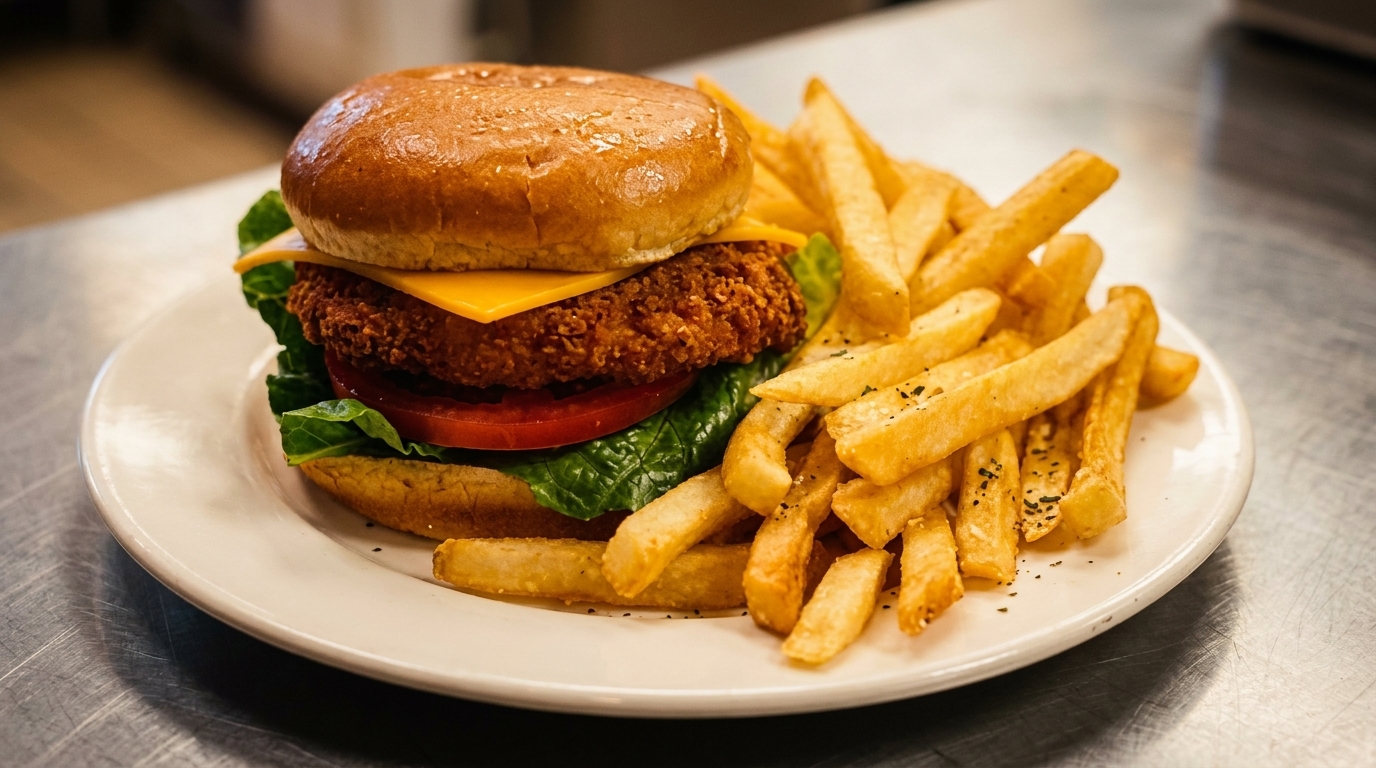 Crispy chicken sandwich with cheese, lettuce, and tomato, served with a side of french fries.