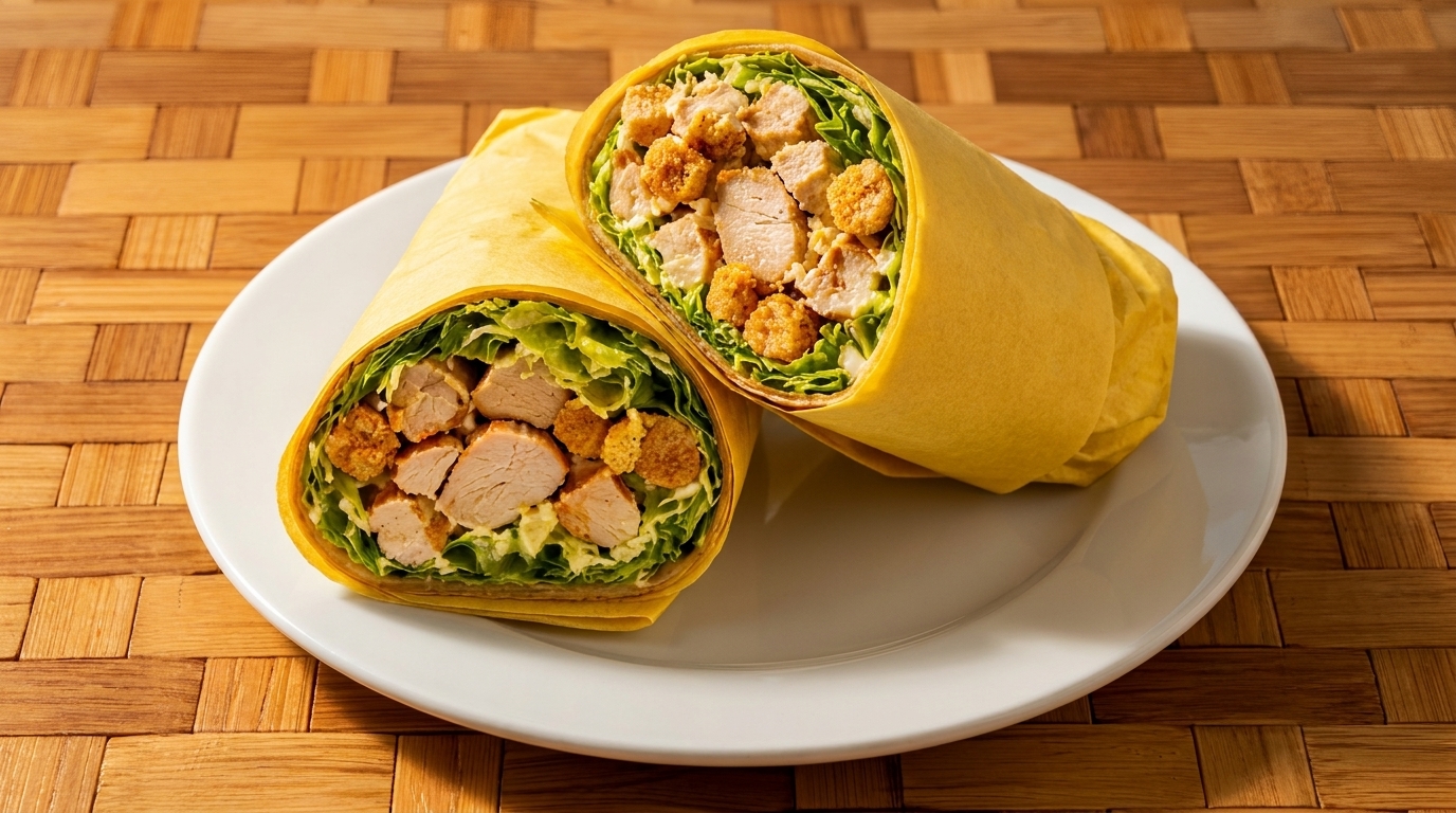 Two chicken Caesar wraps, filled with lettuce, chicken pieces, and croutons, on a white plate.