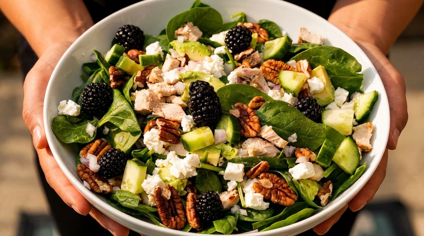 Hands holding a white bowl filled with a vibrant salad of spinach, chicken, blackberries, pecans, and feta.