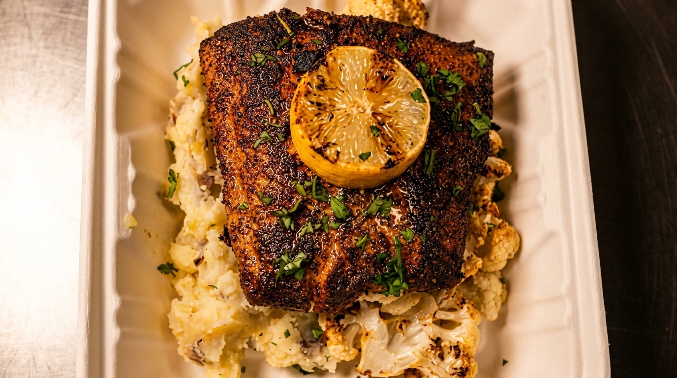 Blackened salmon with a grilled lemon, mashed potatoes, and roasted cauliflower in a takeout container.
